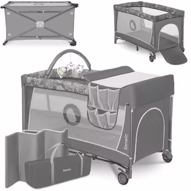 Lionelo Flower 4in1 Travel Cot Baby, Playpen Baby with Side Entrance, Changing Table, Two Mattress Suspension Heights, Play Arch with Figures, Wheels, Carry Bag 1 Piece (1 Pack) Light Grey