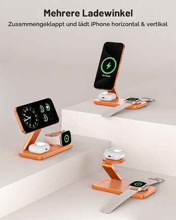 Бездротова зарядна станція 3 в 1 для Apple iPhone 17/16/15/14/13/12, Apple Watch Ultra/11/10/SE та AirPods 4/3/2, сумісна з MagSafe, складана, помаранчева