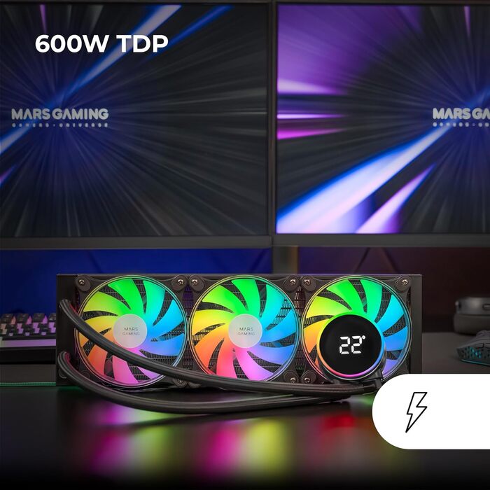 Mars Gaming ML-LCD360: Схолодження рідинне AIO, 600W, 3x 120mm ARGB вентилятори, LCD дисплей, помпа Opti-Chamber 3rd Gen, чорний