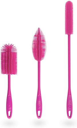 Kochblume Silicone Brush Set of 3 with Interchangeable Heads | Bottle Brush, Dish Brush, Antibacterial, Germ-Free (Pink)