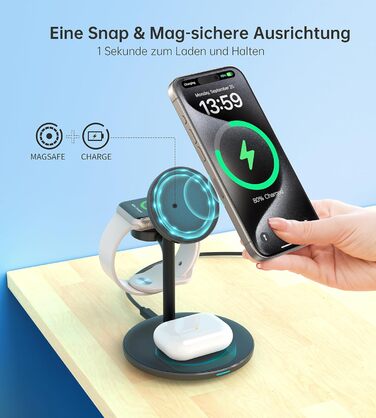 3-в-1 індукційна зарядка для декількох пристроїв, 15W MagSafe зарядка для iPhone 15/14, MagSafe зарядний пристрій для iWatch Ultra 2/1/Series 9/8, AirPods, білий/чорний