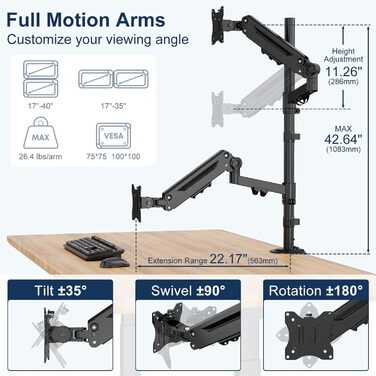 Підставка для монітора STANDOPIA на 2 монітори, 17-40 дюймів, 12 кг, регулювання висоти, нахил, поворот, VESA 75/100 мм