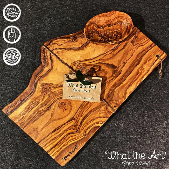 Оливкова дошка для нарізання What the Art! XL з оливкового дерева, ручна робота, 40×17-22×2 см, з мискою для соусу, для сиру, сервірування та закусок