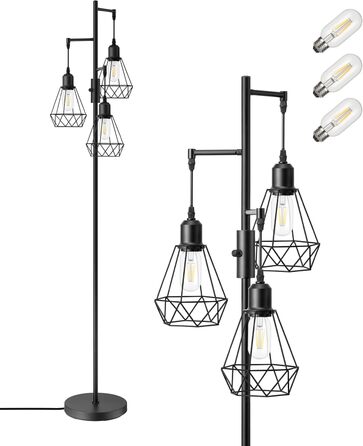 LED торшер Edishine для вітальні, 3 лампи, ретро стиль, диммування, 4W E27, металевий абажур-сітка, 2700K, висота 166 см, чорний