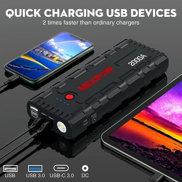 Powerbank NEXPOW Starthilfe: портативний пусковий пристрій для автомобіля 2000A, 12V, USB-швидка зарядка 3.0 (до 7.0L бензин/6.5L дизель), LED-ліхтар, чорний