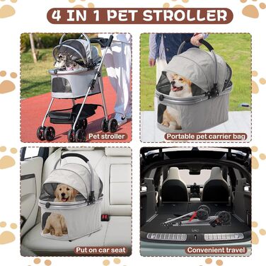 Візок для собак Siairo 3-в-1, сірий. Будка для собак середніх порід до 20 кг, переноска, автокрісло, відділення для їжі