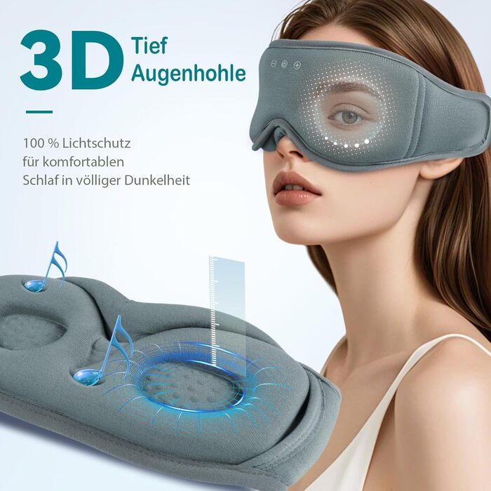 Маска для сну MUSICOZY з навушниками | 3D маска для сну з Bluetooth 5.4, 100% затемнення, з біо-бамбукової бавовни, для подорожей, сіра