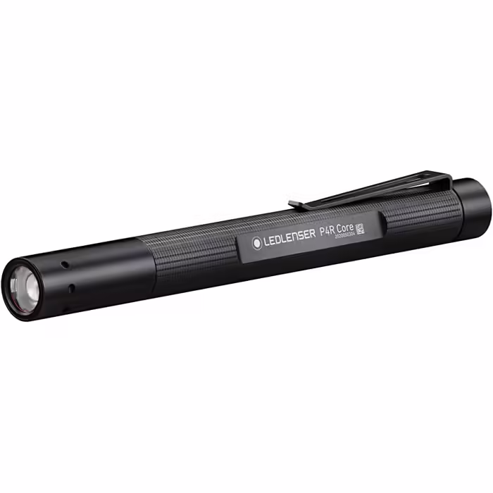 Ledlenser P4R Core LED Penlight, 200 Lumens, rechargeable with lithium battery, focusable, three brightness levels, beam distance 95m, USB charging cable & clip, Penlight, Black