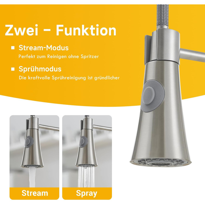 Кухонний змішувач TIMACO з поворотним гусаком 360° та висувною лійкою, з нержавіючої сталі, з покриттям з брашованого нікелю