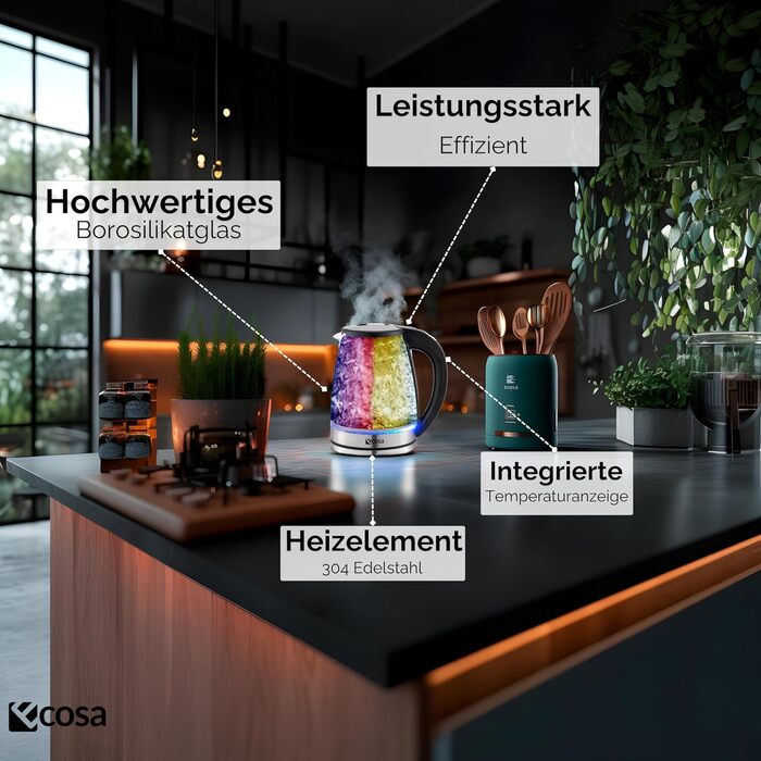 Електричний чайник Ecosa® зі скляною колбою та нержавіючою сталлю, 1,8 л, 2200 Вт, регулювання температури 40°C-100°C, з підігрівом, LED-підсвічуванням, BPA Free