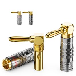 Набір бананових конекторів deleyCON 4 шт. 90° з позолотою, гвинтовий, для акустичних кабелів, 0,75-4,5 мм, Hi-Fi, домашній кінотеатр