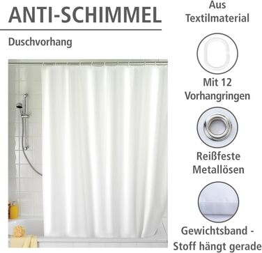 Штора для душу WENKO Anti-Schimmel (антигрибкова), текстильна, 180x200 см, біла - з кільцями для кріплення