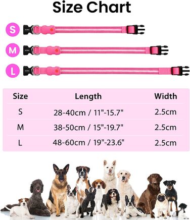 Світлодіодна нашийник для собак ASBRILL, зарядний, 7 кольорів RGB, 8 світлодіодів, регульований, водонепроникний, для маленьких, середніх та великих собак, (L, рожевий)