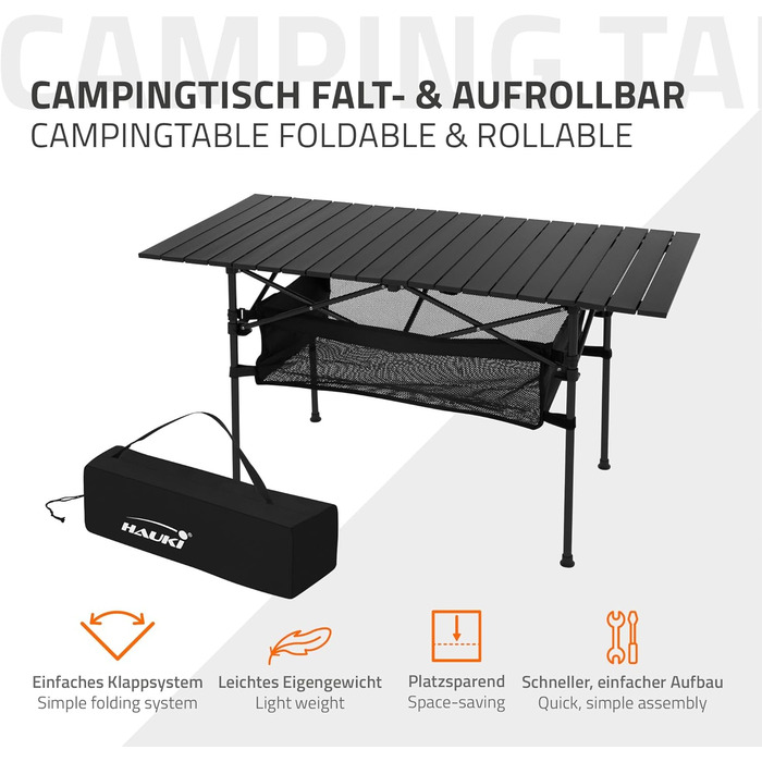 Стіл для кемпінгу Hauki Braun, розкладний, 118 x 55 x 64,5 см, алюмінієвий, з рулоючою стільницею, для відпочинку на природі, саду, балкону, подорожей, ринку, з сумкою