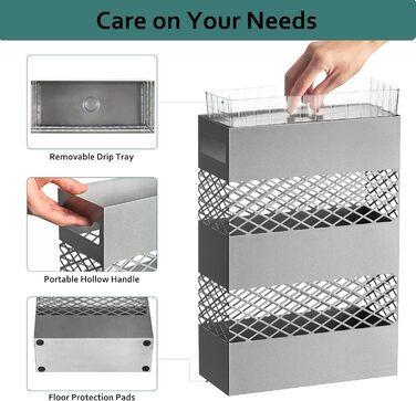 LAND VOI Metal Umbrella Stand - Rectangular, Portable, with Removable Drip Tray - Silver
