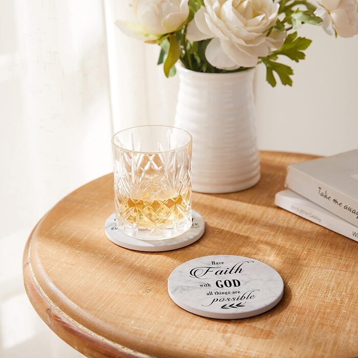 Hoomey Coasters for Drinks with Bible Verses, 6 Pack Absorbent Drink Coasters with Holder Ceramic Coasters with Cork Back for Table Protection, Christian Coasters, Christian (White)