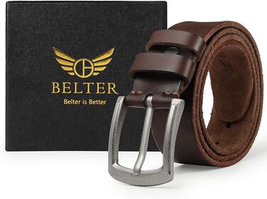 Шкіряний ремінь чоловічий BELTER з натуральної шкіри для джинсів, коричневий, ширина 38 мм, розмір L (довжина 120 см)