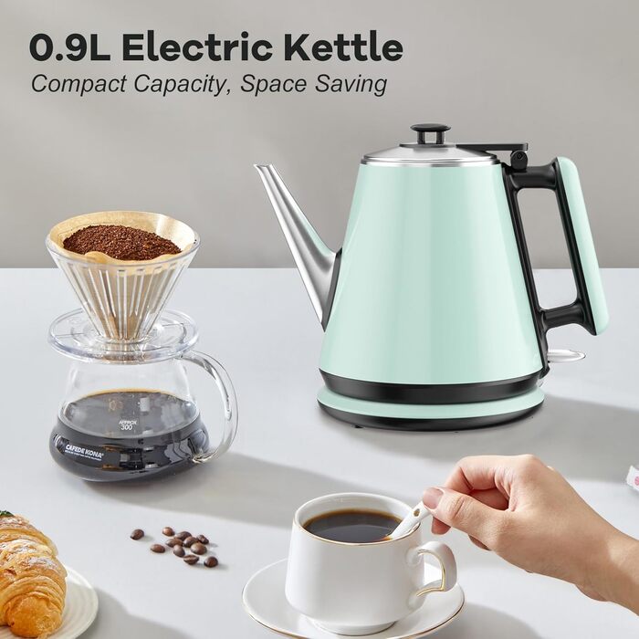 Електричний чайник 0.9л з нержавіючої сталі 304, 1360W, швидке кип'ятіння за 4-6 хвилин, класичний компактний дизайн, сенсорна кнопка, автоматичне відключення та захист від перегріву, для дому, офісу, для кави, зелений