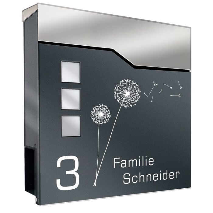 Поштовий ящик антрацит RAL 7016 Svenja з написом та газетницею - сталевий порошково-пофарбований, з 3 вікнами огляду