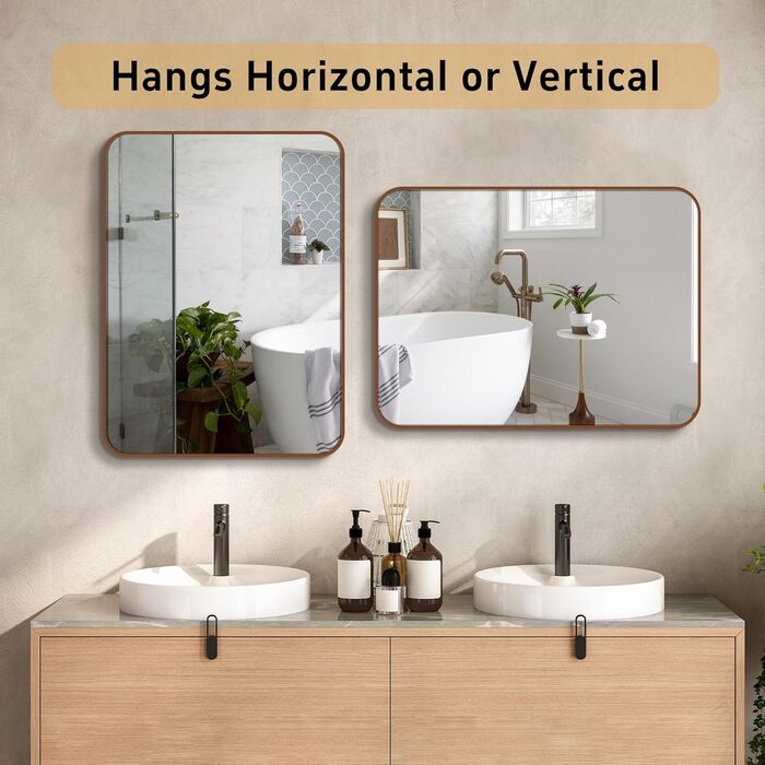 Дзеркало для ванної кімнати на стіну, титан, металевий каркас, з заокругленими кутами, прямокутне, 40,6 x 50,8 см