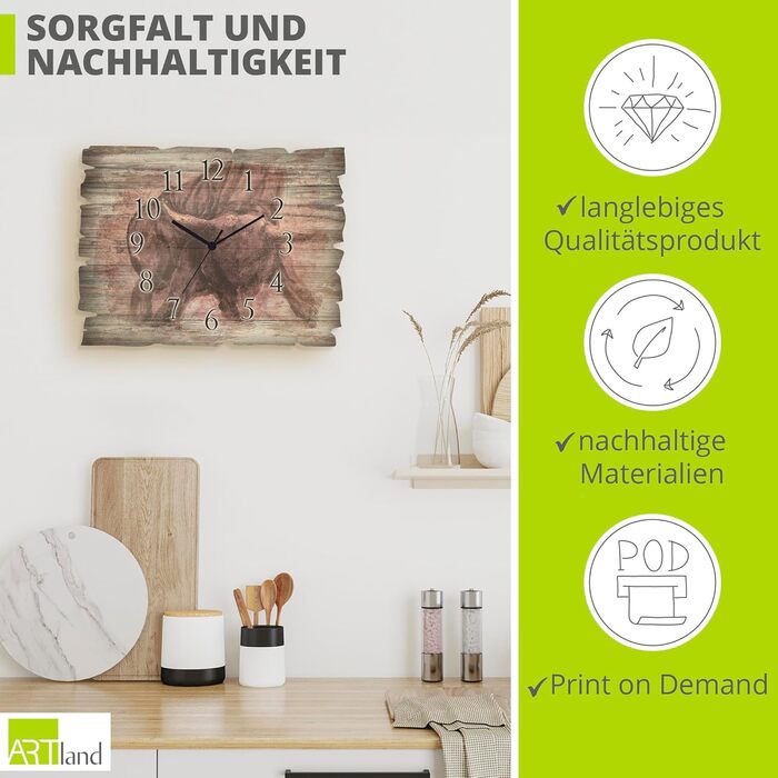 ARTLAND Wall Decor Wall Clock without Ticking Sound, Wood, 30x40 cm, Rectangular, Silent, Nature, Animals, Forest Landscape, Original, Nordic, T5YP (Bull, Quartz Clock)