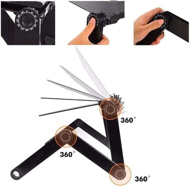 Стіл для ноутбука в ліжко, комп'ютерний стіл, лапдеск, складний стіл для ліжка, регульований кут 360°, знімний, портативний, для книг (чорний)