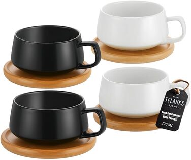 Набір кавових чашок капучино з блюдцями, 320 мл, кераміка, для капучино, лате, американо та чаю, білий (чорний/білий, 4 шт.)