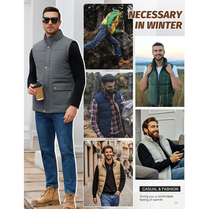 Xnova чоловіча зимова жилетка з підкладкою Thero Sherpa, тепла флісова жилетка, зимова куртка, жилетка для полювання, робоча жилетка, утеплена жилетка для активного відпочинку, сіра, розмір M