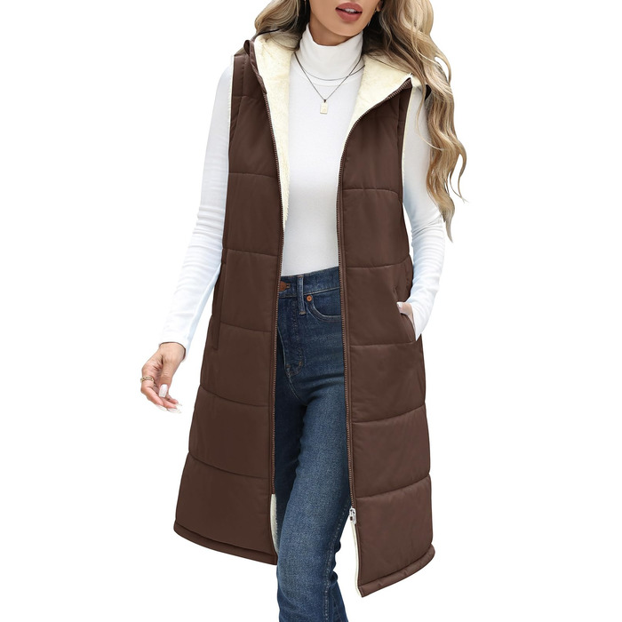 Жіноча степкова жилетка Vancavoo з капюшоном на осінь/зиму. Тепла жилетка з флісу, кава, розмір M