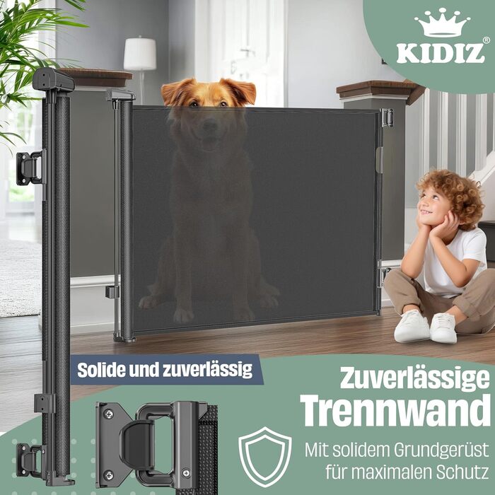 Захист для сходів KIDIZ® - розтяжний захист для дітей та домашніх тварин | Сітка-захист для сходів та дверей | З кріпленнями до підлоги та аксесуарами для монтажу (0-180 см, Чорний)