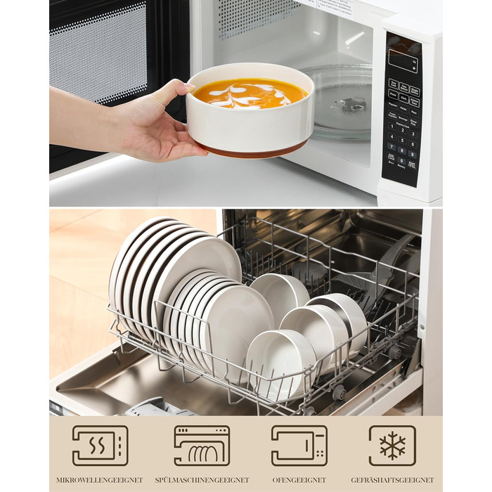 Набір посуду MALACASA з каменю (18 предметів) для 6 осіб, керамічний сервіз з глазур'ю 'сезам', білий з коричневим дном, набір тарілок та мисок