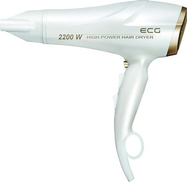Фен ECG Vv 2200: 2 режими потужності, 3 температурні режими, іонізація, LED-дисплей, захист від перегріву, білий та золотий