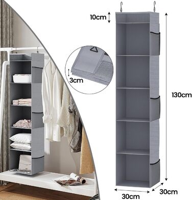 Організатор для шафи з сітчастими кишенями, 6 відділень, сірий, 30 x 30 x 130 см