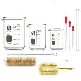 Borosilicate Glass Beaker Set, JESSTOLO 3-Piece Thick Glass Graduated Beakers with Clear Spout 50ml 100ml 250ml, 3 Glass Pipettes, 3 Washing Brushes, and 2 Glass Rods, for Laboratory Research Medicine
