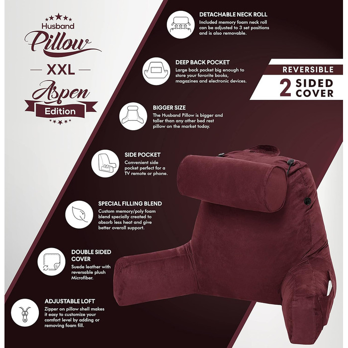 Подушка для чоловіка з підлокітниками - велика, для читання та відпочинку в ліжку. Висока спинка, преміум піна з пам'яті, знімна подушка для шиї на стрічці (Aspen Beige, | Arizona Burgundy)