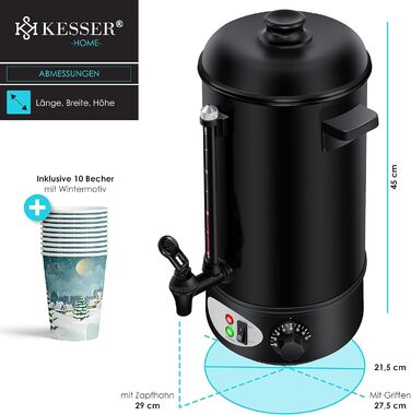 KESSER® Mulled Wine Boiler 8L Stainless Steel Incl. 10 Cups Mulled Wine Cooker with Thermostat Mulled Wine Dispenser Hot Beverage Dispenser Water Boiler Hot Water Dispenser Canning Device Level Indicator Tap Black