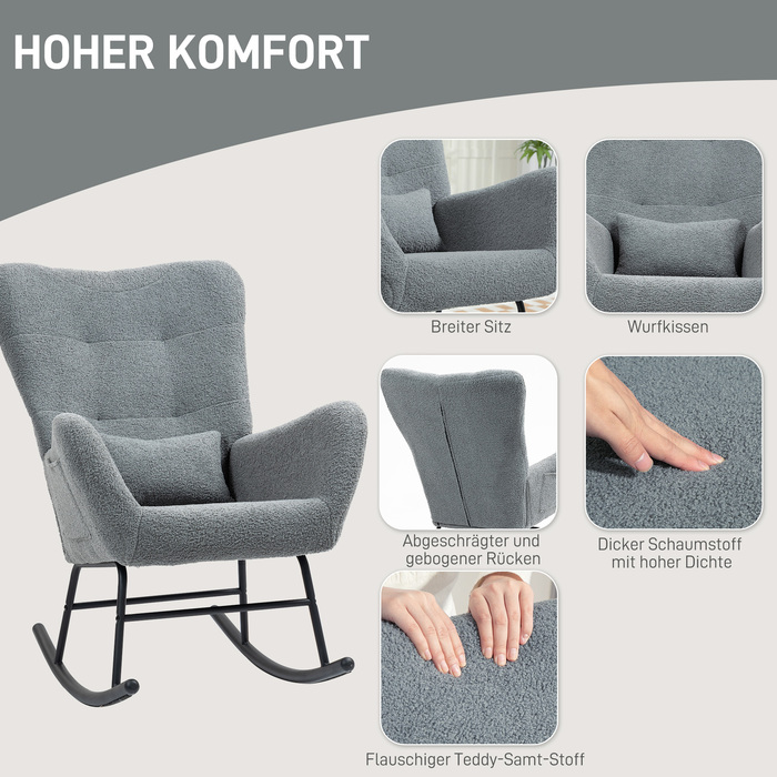 HOMCOM Rocking Chair, Rocking Armchair with Teddy Fabric Look, Armrests, Still Chair with Wooden Skids, Lumbar Pillow, Relax Chair with Side Pocket for Living Room, Bedroom, Grey | Aosom