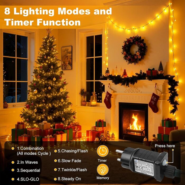 LED гірлянда для декорування приміщень та саду: 20 метрів, 1000 LED, 8 режимів, таймер, вологостійка, тепле світло. Підходить для ялинки, балкону, весілля та створення святкової атмосфери.
