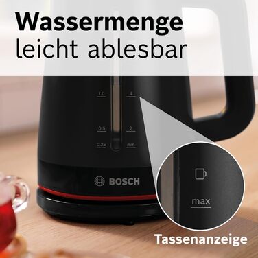 Електричний чайник Bosch MyMoment TWK3M123, 1.7 л, 2400 Вт, чорний матовий, з автовимкненням, захистом від перегріву та індикатором рівня води