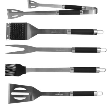 Набір гриль-посуду Lehmann з нержавіючої сталі в кейсі | Комплект аксесуарів для гриля з лопаткою, виделкою та щипцями | Ідеальний подарунок для чоловіків та жінок