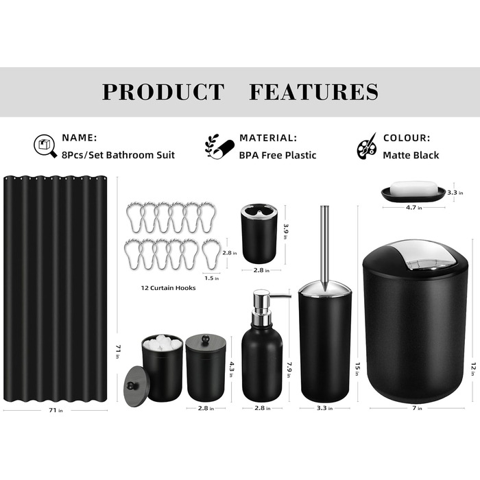 Комплект для ванної кімнати 20 предметів: шторка для душу, гачки, аксесуари (смітник)