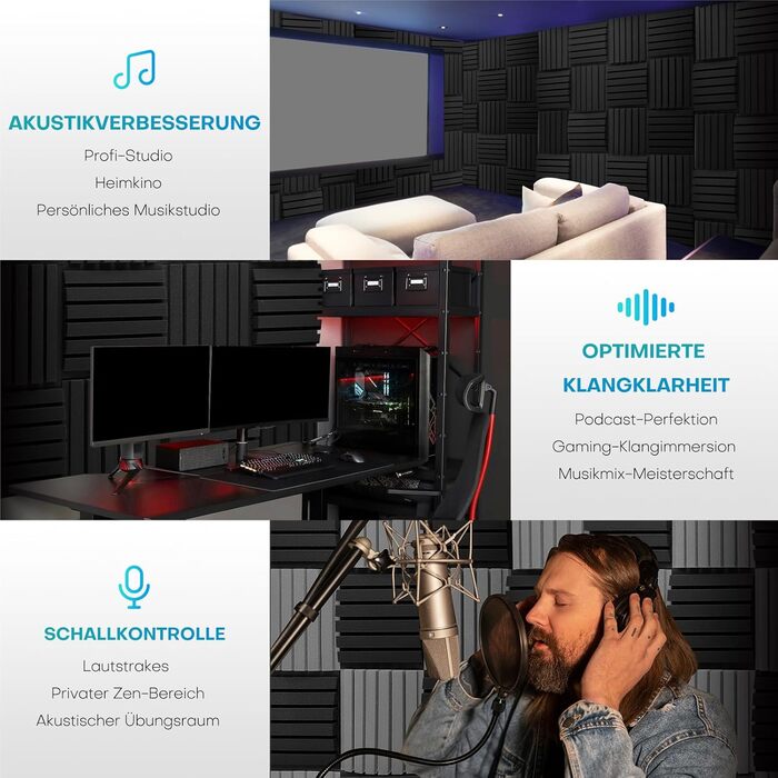 Акустичний поролон для звукоізоляції, панелі шумопоглинаючі 30x30x5 см, 24 шт, чорні — для студії звукозапису та дому