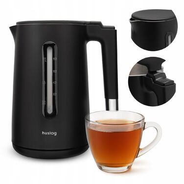 Електричний чайник з подвійними стінками 1,7л, 2200W, швидке кип'ятіння, тихий та безпечний, бездротовий з 360° базою, знімною кришкою, точним виливом (Чорний)