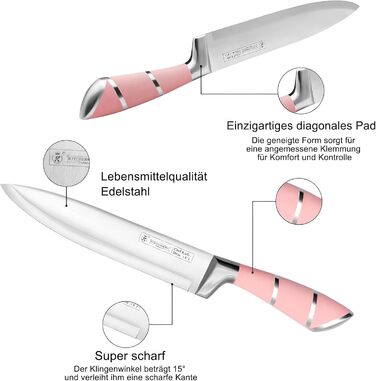 Набір кухонних ножів 9 шт. з поворотним блоком з акрилу, професійний набір кухонних ножів з нержавіючої сталі, з точилкою, подарунок для сім'ї (рожевий)