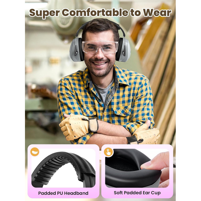 Захисні навушники Dr.meter SNR 31dB, наголов'я, регульовані, комфортні для дорослих, складаються, шумоізоляція для будівництва, саду (сірі)