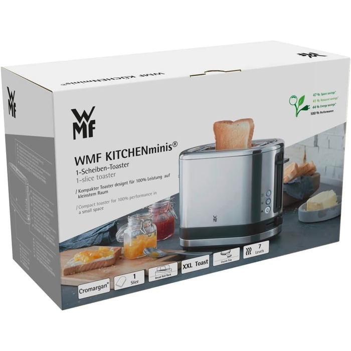 WMF Kitchen Mini 1-Slice Toaster, Long Slot XXl-Toast, Mini Toaster with Roll Attachment, 7 Browning Levels, Overheat Protection, 600W, Matte Stainless Steel, Single
