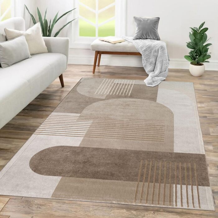 Килимок для вітальні TT Home з коротким ворсом, геометричний дизайн, абстрактний стиль, бежевий та темно-кремовий, 80x150 см