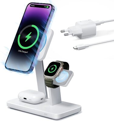 Зарядний пристрій ESR 65W GaN 5 в 1 з підтримкою MagSafe, білий (3 в 1). Сумісний з iPhone 17/16/15/14/13/12, Apple Watch, AirPods та USB A/C пристроями