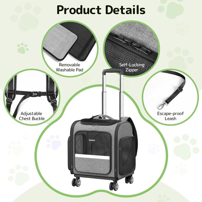 Рюкзак-переноска для котів Pawtners з розширюваним тунелем для ігор, рюкзак для домашніх тварин, схвалений авіакомпаніями, для маленьких собак та великих котів до 11,3 кг, складаний рюкзак для котів (сірий з колесами, 40 x 33 x 41 см)