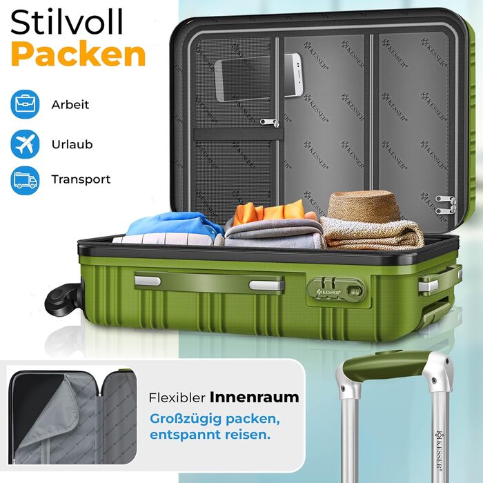 Набір валіз KESSER® з жорстким корпусом (S, M, L, XL) з вагами та білгетом, 4 колеса, ABS, телескопічна ручка, колір хакі